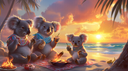 Koala Family Enjoying Beach Barbecue at Sunset - obrazy, fototapety, plakaty