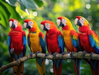 A group of colorful parrots perched on a tropical tree branch