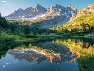 A photograph of a serene mountain landscape at sunrise, the first light casting a warm glow on the peaks and valleys