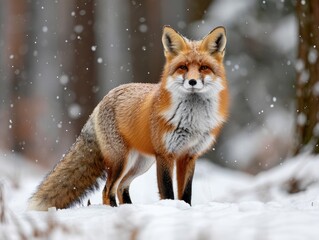 A playful red fox in a snowy landscape, its bright fur contrasting with the white snow.