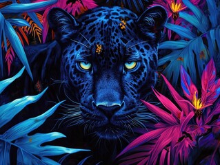 An acrylic painting of a black panther in a neon-lit jungle, its eyes glowing bright blue, surrounded by vivid, neon-colored flora.