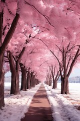 Photography of a forest path. The image has a surreal quality with the foliage of the trees appearing in vibrant pink and white hues, against a deep crimson sky.