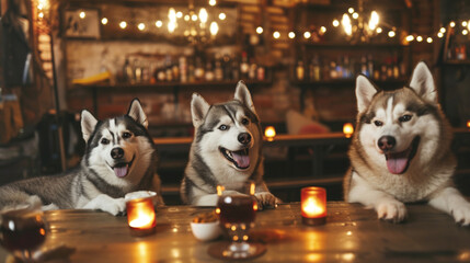 Late night time Siberian husky dogs in the bar background. Created using generative AI. - obrazy, fototapety, plakaty