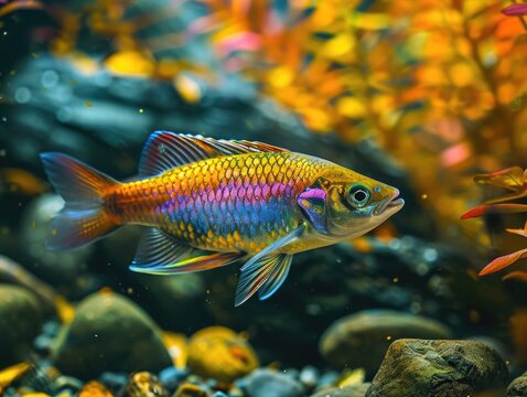 A photograph of a rainbow fish in a natural stream, its vivid colors contrasting with the muted tones of the river stones and plants. 