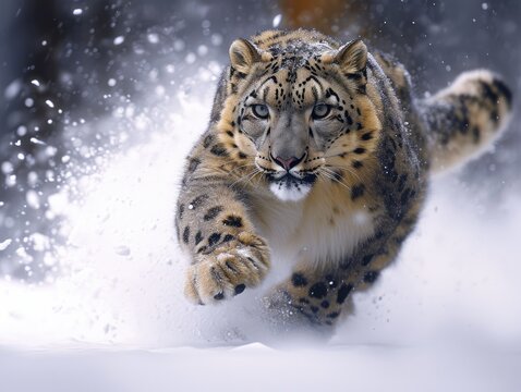 A stock photo of a snow leopard in mid-pounce, its powerful limbs and focused expression captured in the midst of action