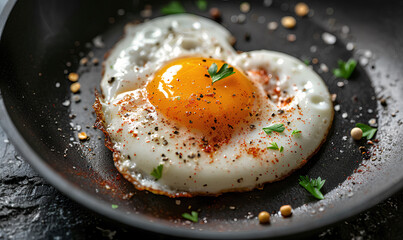 Fried egg in the shape of heart in a frying pan on a black background, top view