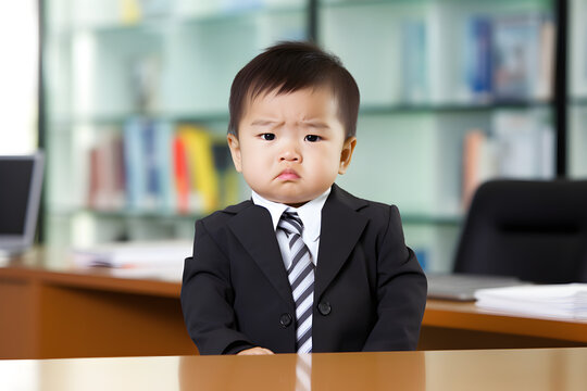 unhappy Asian baby wearing business suit in office