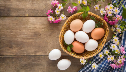 Eggs in a basket with flowers on a wooden table top view.