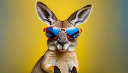 Kangaroo in sunglasses on the yellow background.