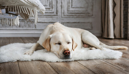 Labrador sleeping on white plaid on the floor of living room.	