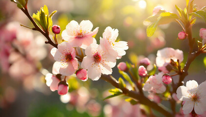 Fototapeta na wymiar Pink cherry tree blossom flowers blooming in spring, easter time