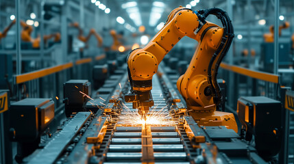 Advanced manufacturing robot welding hi-tech parts in the factory.