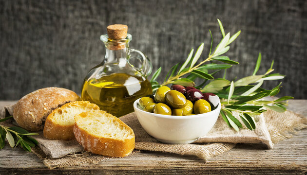 Olives oil and bread on wooden table.	
