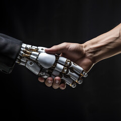 Handshake between a human and a robot on a black background. Cyber communication and ai artificial intelligence. Humanoid robot shakes the hand of a young strong male