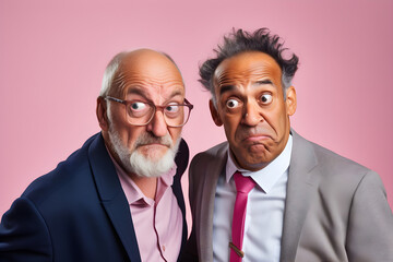 funny portrait of two senior businessmen with funny faces isolated on colour background - obrazy, fototapety, plakaty