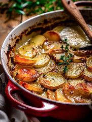 Potato bake straight from the oven, layered with golden, crispy-edged slices and garnished with fragrant fresh herbs, presented in a classic earthenware dish