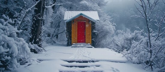 A snowy winter day with steps leading to a red door of a small cabin.