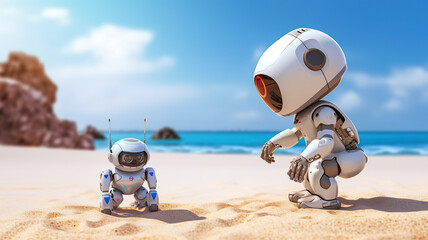 Two modern robots walk along the sea beach on a sunny day. Futuristic picture. Family of surreal robots on the ocean shore. Parenting concept