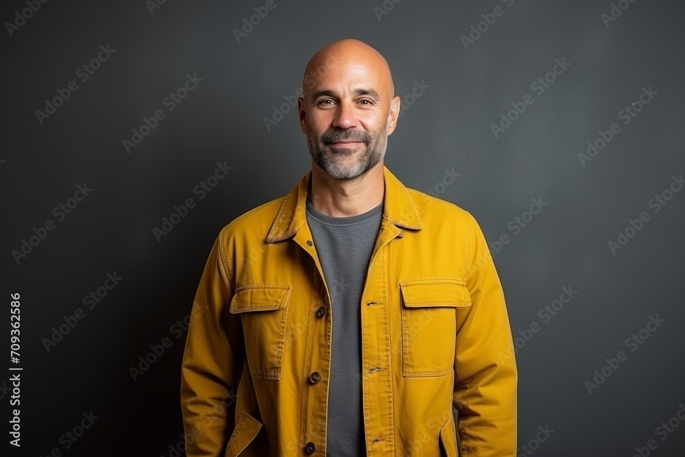 Wall mural Portrait of a bald man in a yellow jacket on a dark background