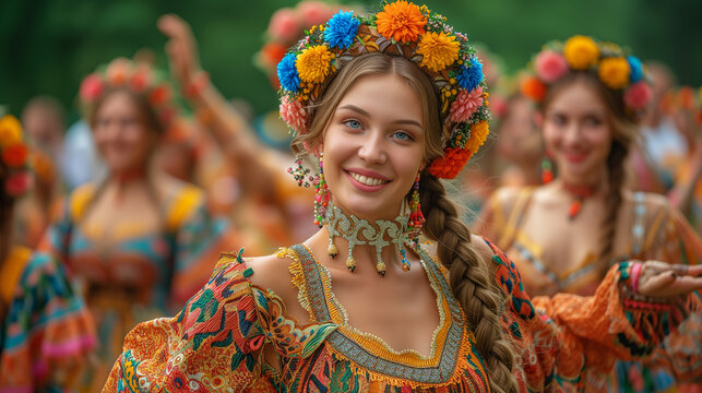 Russian young women dancing in traditional dresses.