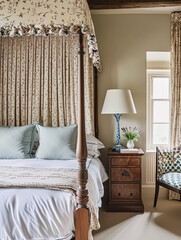 Elegantly appointed bedroom exudes vintage charm with its floral patterned drapery and bedding, complemented by classic furniture and a soft, inviting colour palette