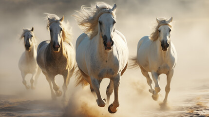 Striking image of a group of horses in the desert, beautifully captured amidst rolling dunes under a vast sky, evoking a sense of freedom.