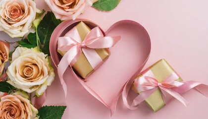 ribbon in shape of heart with gift boxes and rose flowers on pink background happy valentines day mothers day birthday concept romantic flat lay composition