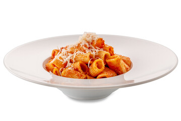 Macaroni mezze maniche pasta topped with tomato ragout and with grated parmesan cheese white plate isolated