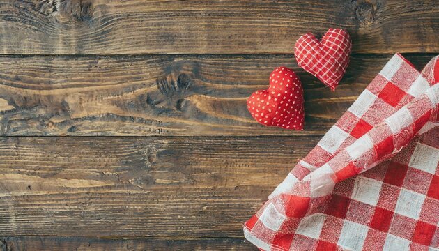 valentines day background red and checkered fabric hearts on dark wooden table flat lay