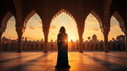 Silhouette of a Persian woman in national dress against the background of traditional Iranian architecture. The sun has set. Iran. Kashan, copy space - generative ai