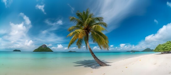 Beautiful palm tree on tropical island beach on background blue sky with white clouds and turquoise ocean on sunny day. Perfect natural landscape for summer vacation, ultra wide format.
