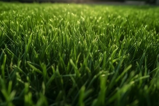 Wide format background image of green carpet of neatly trimmed grass. Beautiful grass texture on bright green mowed lawn, field, grassplot in nature.