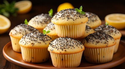 Delicious homemade lemon poppy seed muffins on blurred kitchen background with copy space