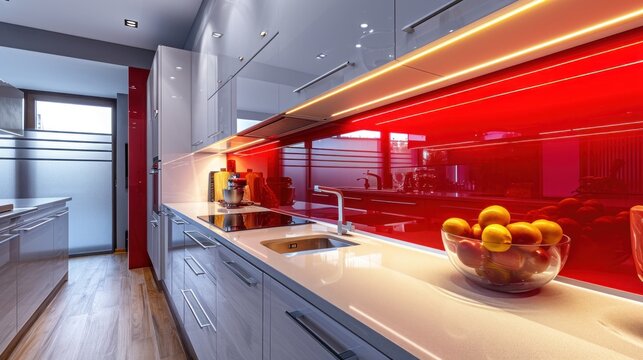A kitchen with red walls and a bowl of fruit on the counter, AI