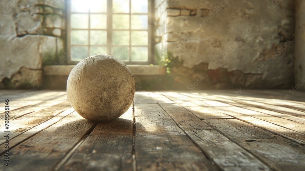 Canvas Prints A stone sitting on a wooden floor in front of an open window, AI