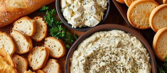 Artichoke dip with assorted breads and crackers for dipping, in a close-up view.