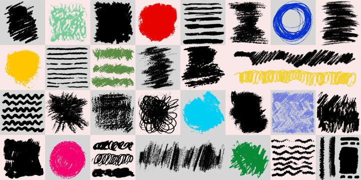 Big set charcoal colored pencil curly lines, squiggles, shapes. Realistic grunge pen scribbles. Vector pencil lines, doodles. Bright colorful charcoal or chalk drawing. Hand drawn rough crayon strokes
