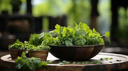 Lush and vibrant herb garden with basil, parsley, and cilantro on a rustic natural wood backdrop