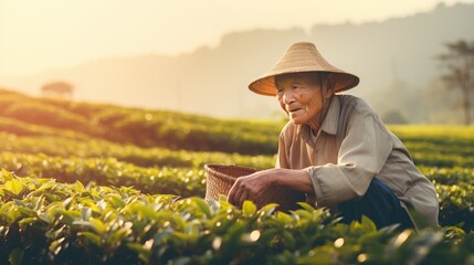 Smiling chinese man enjoying the bright summer day while picking tea in a sunlit field