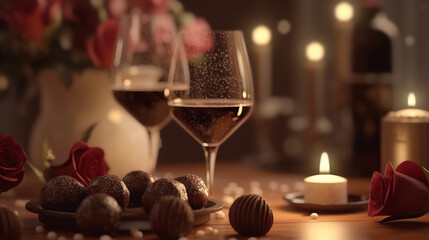 valentine day celebration with wine, roses, chocolate, and bokeh background