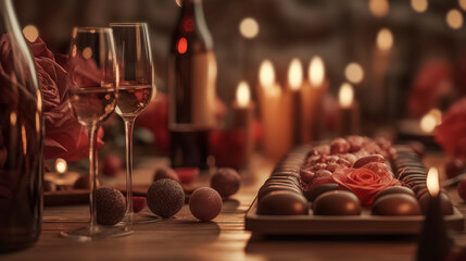 Obraz na płótnie Canvas valentine day celebration with wine, roses, chocolate, and bokeh background