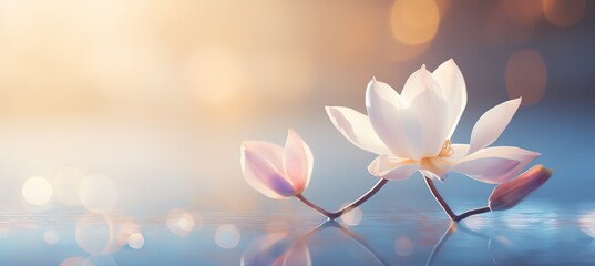 Enchanting white magnolia on magical bokeh background with text space on left side of frame - obrazy, fototapety, plakaty