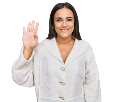 Young brunette woman wearing casual clothes showing and pointing up with fingers number four while smiling confident and happy.
