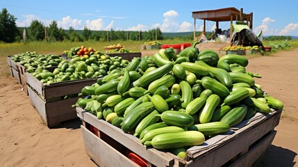 Fototapeta premium Abundant and lush cucumber harvest growing on a vast open plantation under the radiant summer sky.