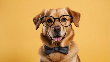 Golden dog posing with glasses against a completely yellow background - obrazy, fototapety, plakaty
