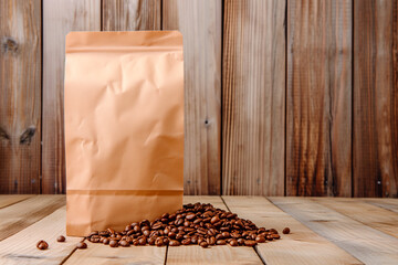 Blank brown paper bag with coffee beans on wooden background