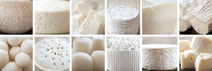 Assorted cheese products divided with white vertical lines   bright white style collage - obrazy, fototapety, plakaty