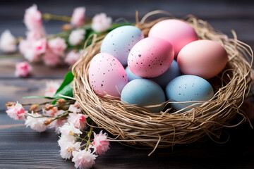 Obraz na płótnie Canvas Basket with colorful pastel easter eggs