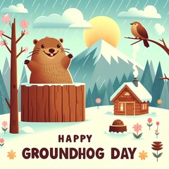 Happy groundhog day square banner. Cute cartoon card