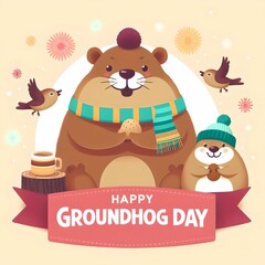 Happy groundhog day square banner. Cute cartoon card